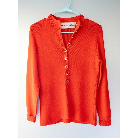 St. John Sweaters - Vintage 1970's St John Knit Red Orange Gold Button Heavy Sweater Top S